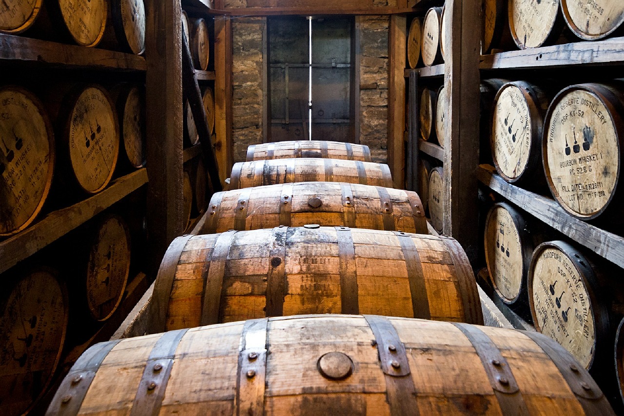 bourbon barrels in a rickhouse