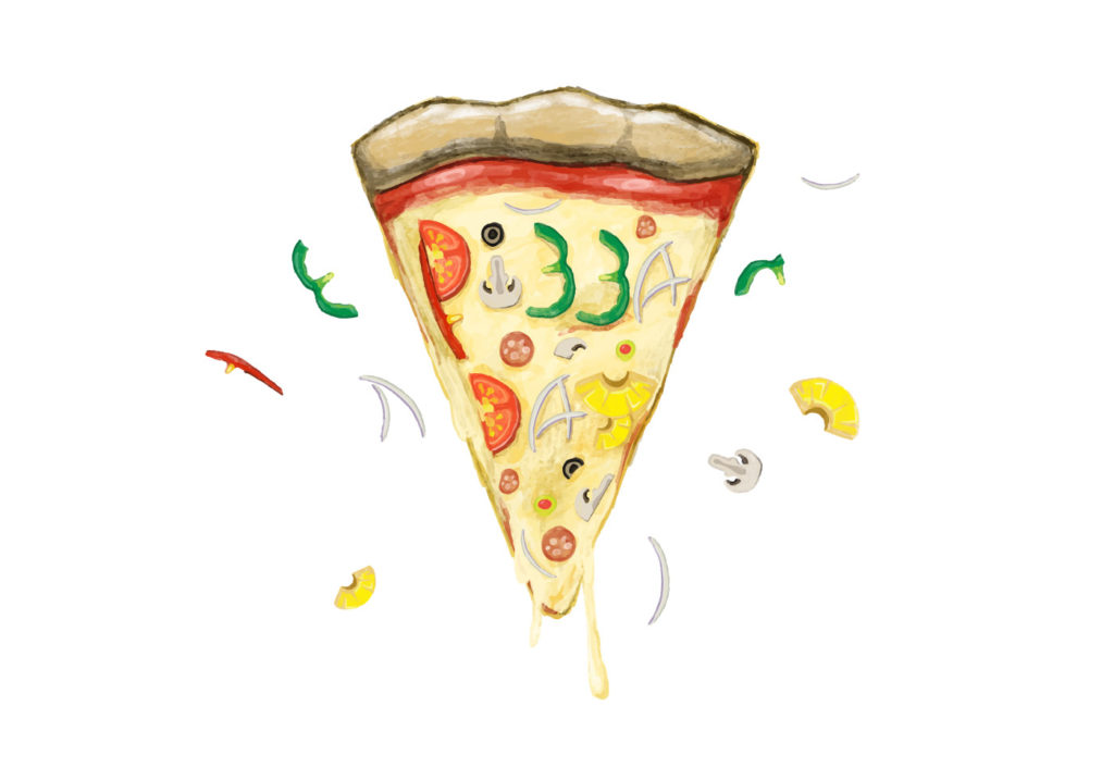 Watercolor pizza with text "National Pizza Day Lexington Kentucky Edition"