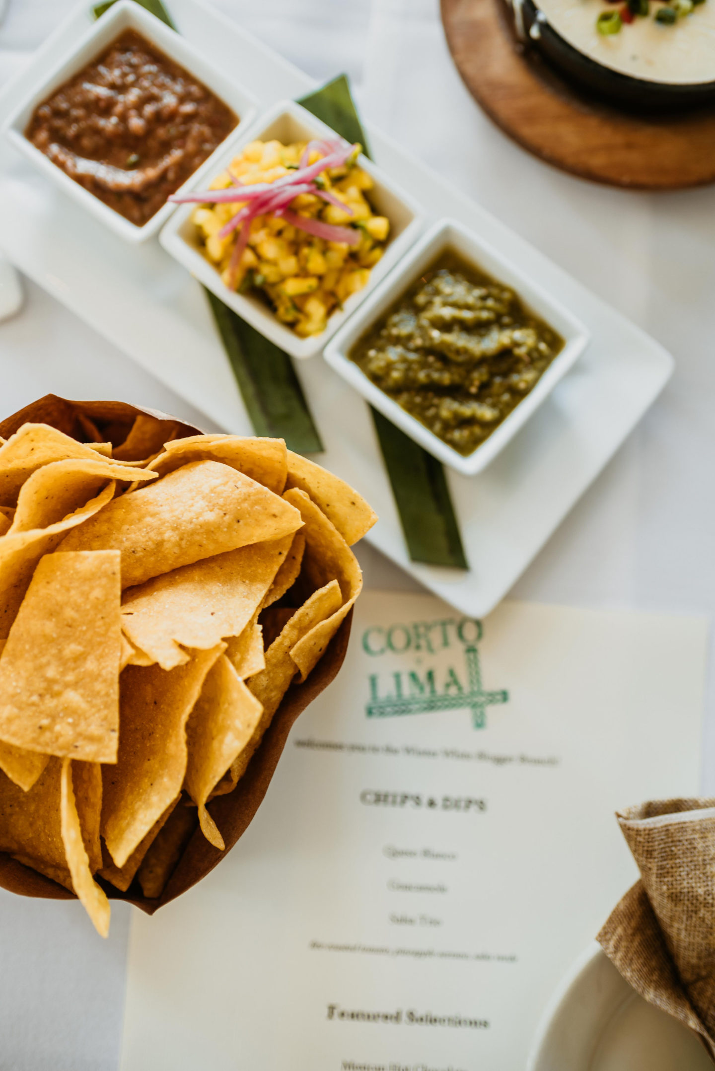 Chips with three types of salsa from Corto Lima