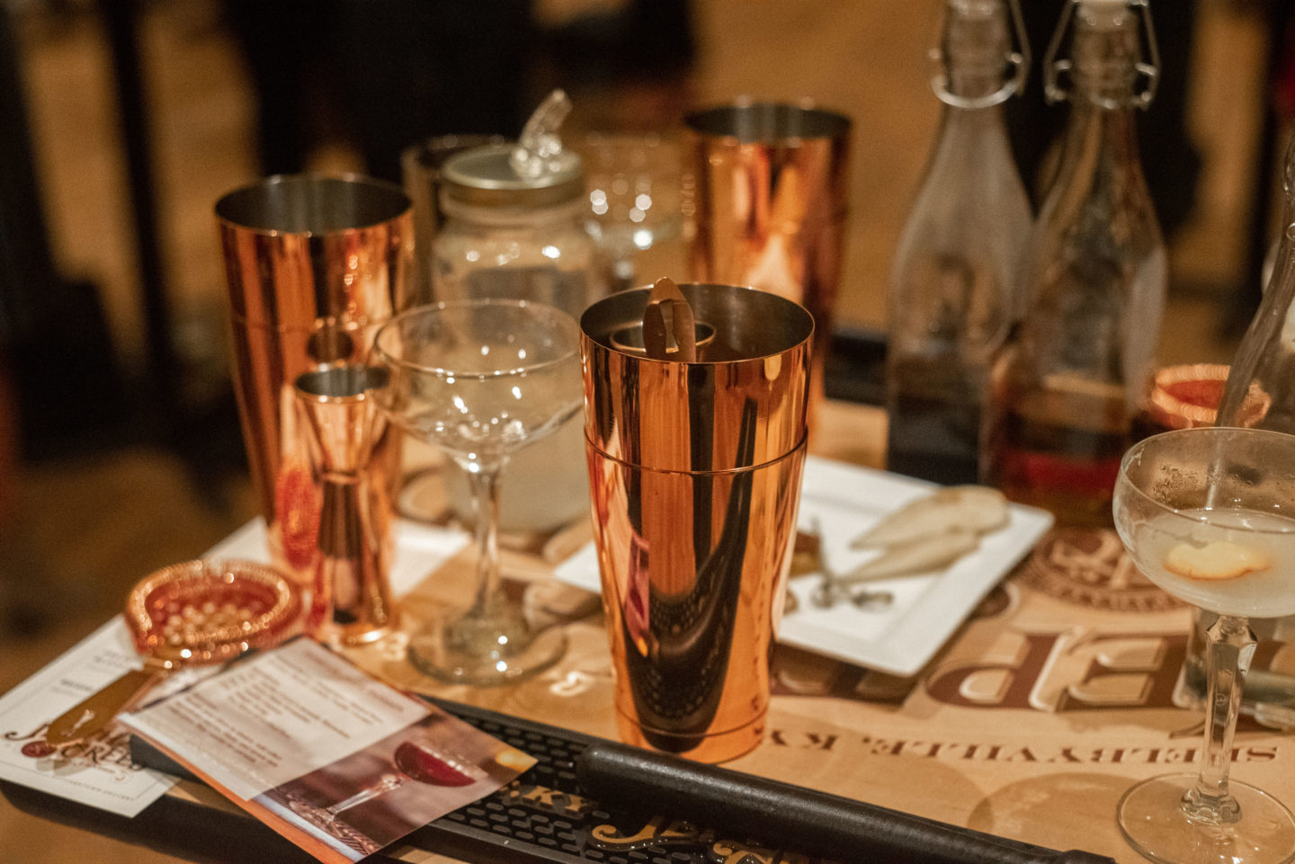 Various cocktail tools that a bartender uses