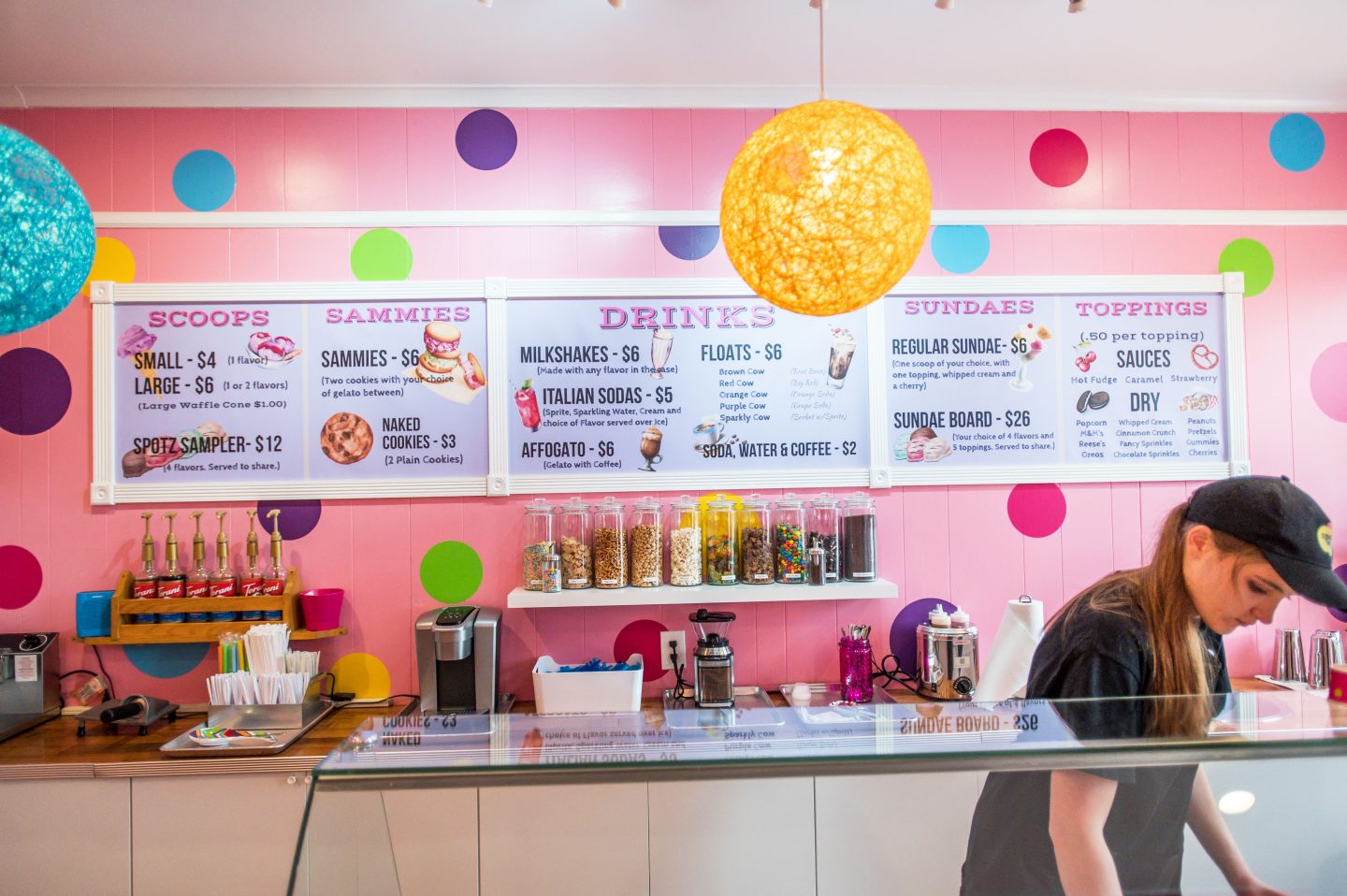 Pink walls with colorful decor of a gelato shop