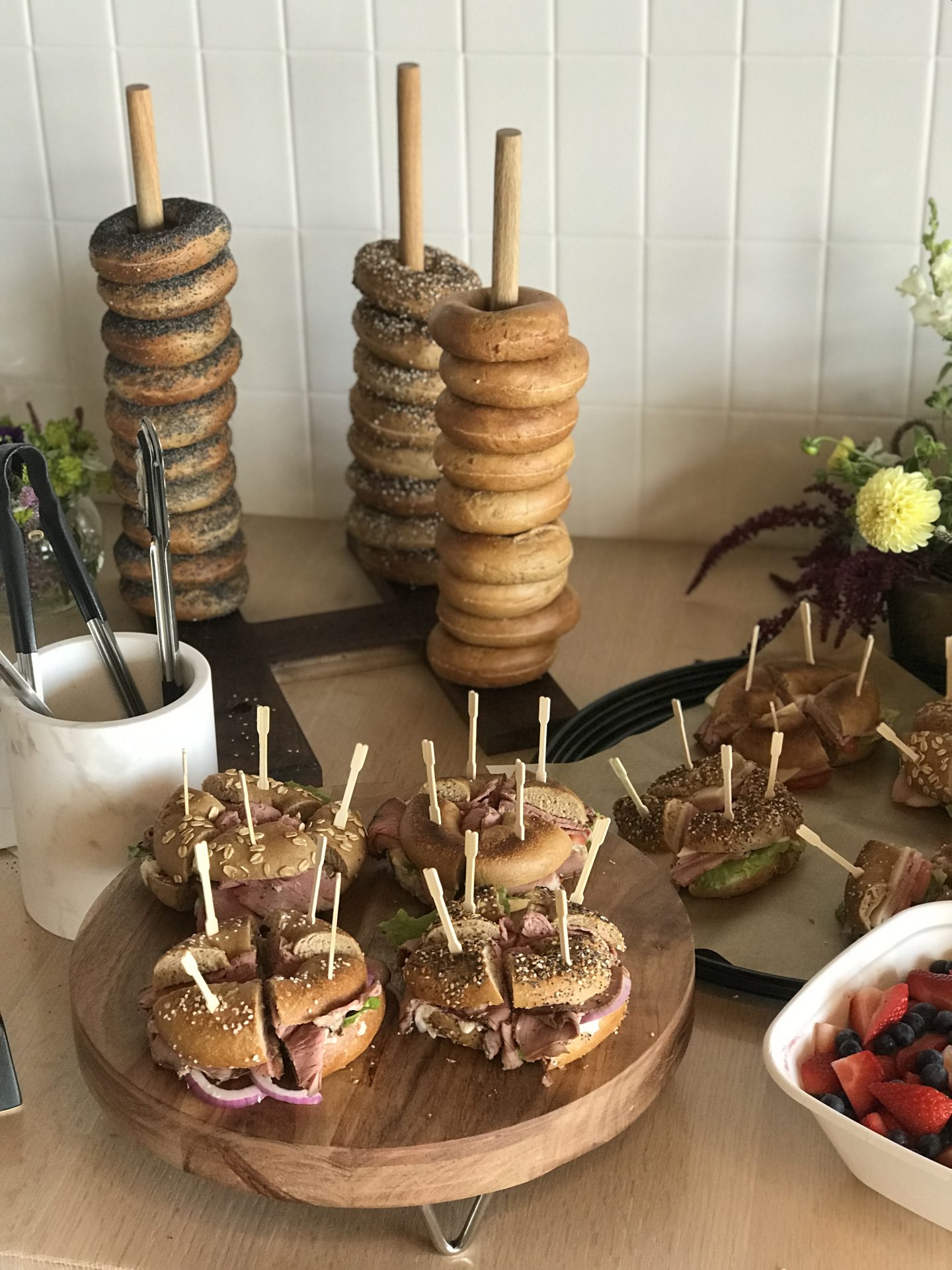 Bagels and sandwiches on a table