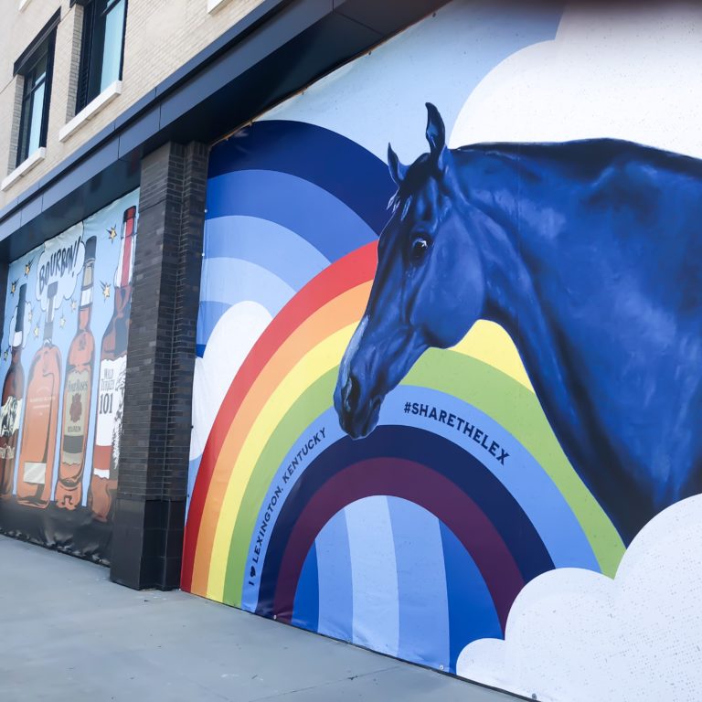 mural of blue horse and rainbow