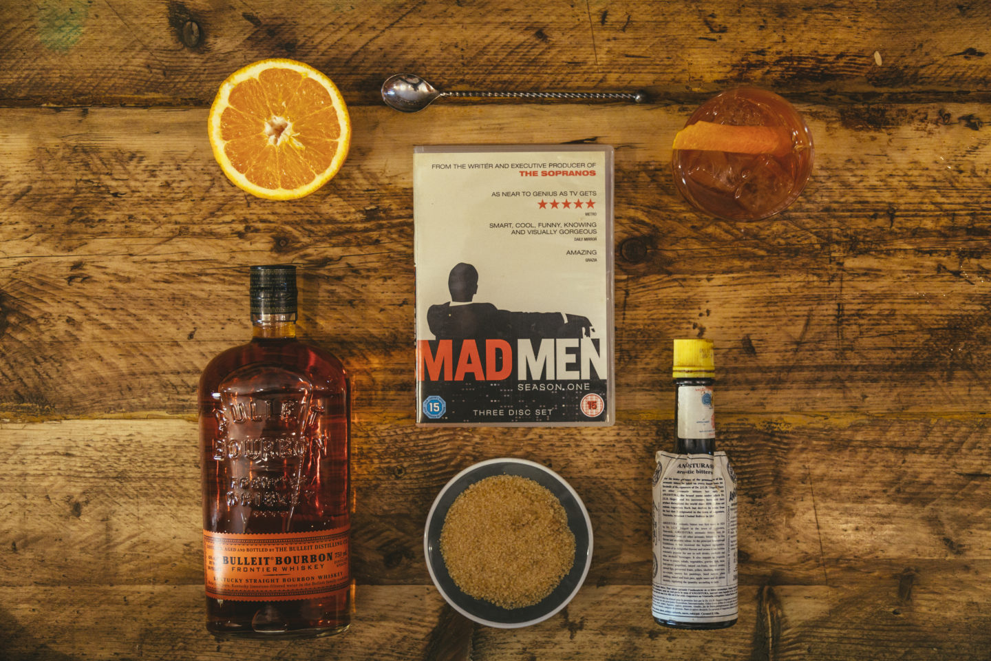 Deconstructed Bulleit Old Fashioned with ingredients