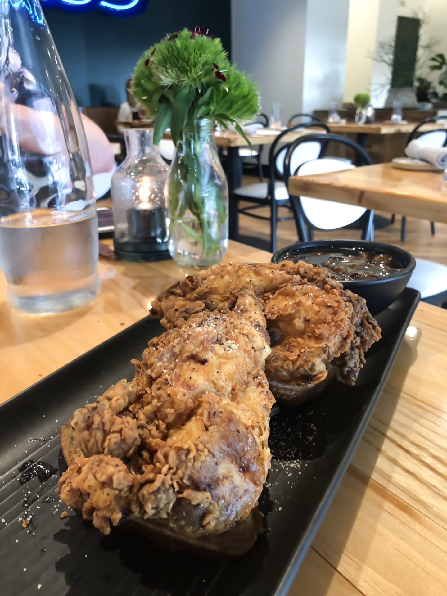 chicken and waffles on a tray